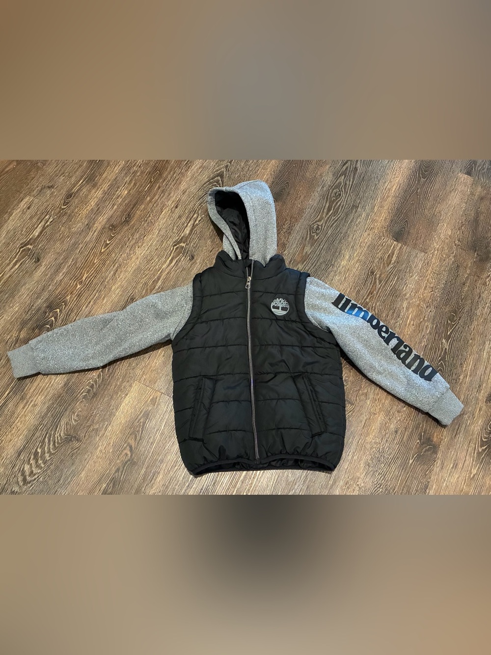 Timberland Black Quilted Vest with Gray Hooded Lining size 6/7